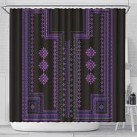 Purple geometric shower curtain with centered cross-like lattice and diamond ornament accents