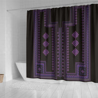 Purple shower curtain with Balkan-style geometric pattern and vertical ornament panels