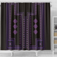 Purple geometric shower curtain with vertical border stripes and hanging diamond ornaments
