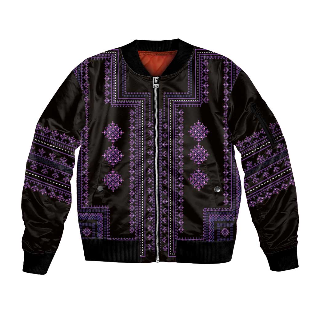 Bulgaria Traditional Pattern Purple Sleeve Zip Bomber Jacket Balkan Culture - Wonder Print Shop