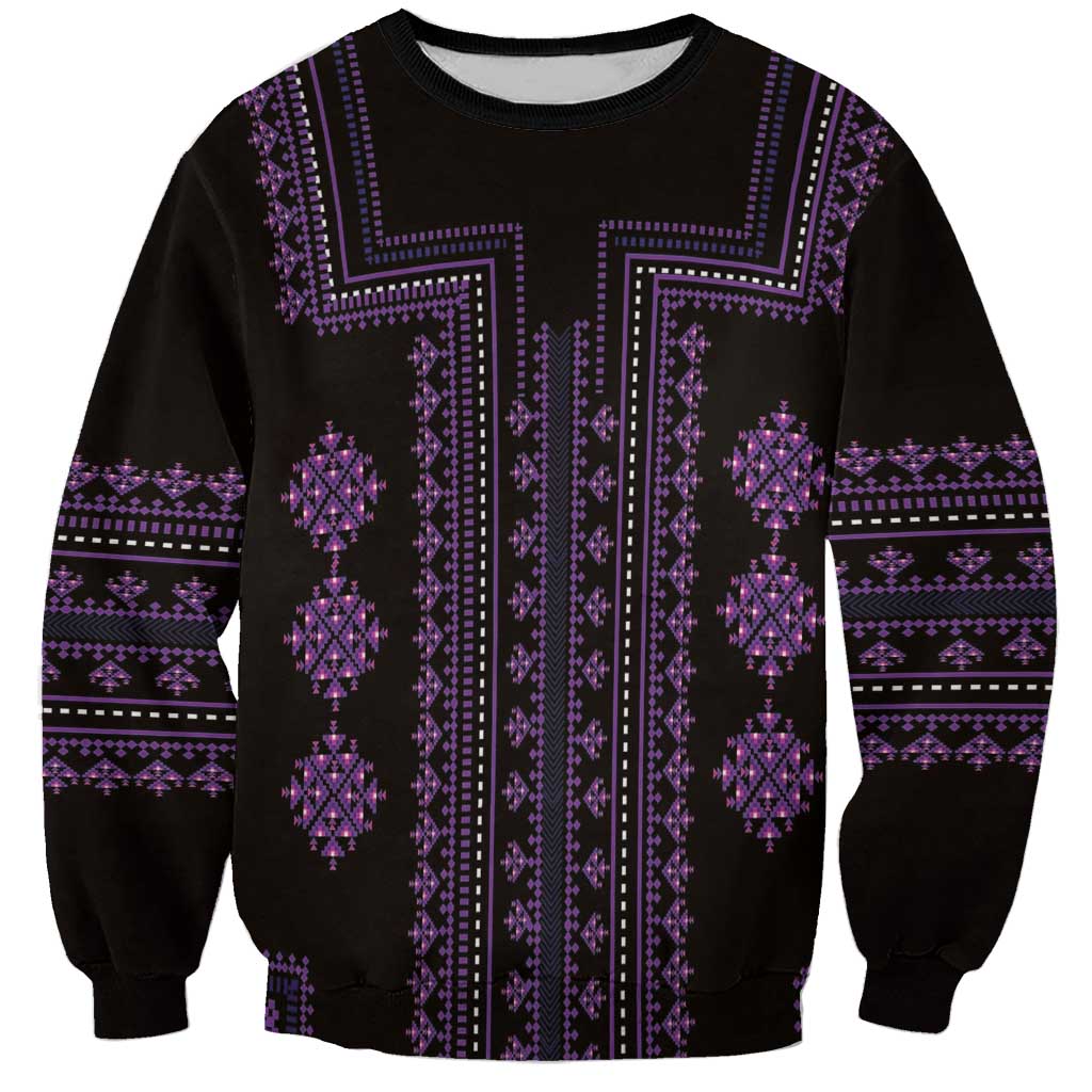 Black crewneck sweatshirt with full purple Balkan-style ornamental panel print