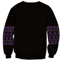 Black crewneck sweatshirt with purple traditional bands on cuffs and hem