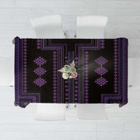 Purple and black traditional Balkan tablecloth with geometric pattern and border trim.