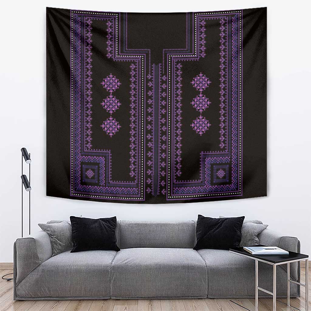 Purple geometric pattern wall tapestry on dark fabric, bordered with dotted trim.