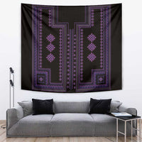 Purple geometric pattern wall tapestry on dark fabric, bordered with dotted trim.
