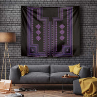 Purple geometric tapestry wall hanging with ornate border and vertical central motifs on dark fabric.