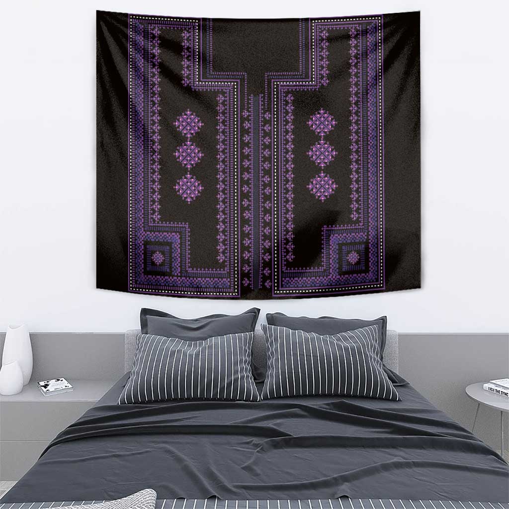 Purple geometric tapestry wall hanging with ornate vertical bands and dark field.