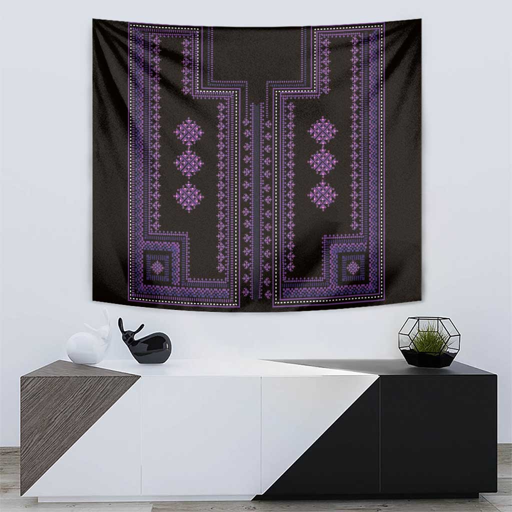 Purple geometric pattern tapestry wall hanging on dark fabric with decorative border lines.