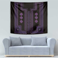 Wall tapestry featuring purple geometric motifs and dotted border on dark background.