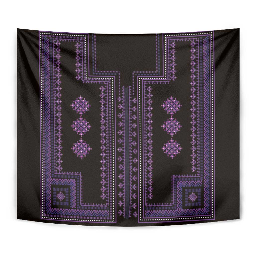 Curved wall tapestry display with purple geometric pattern and dotted ornamental border.