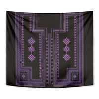 Curved wall tapestry display with purple geometric pattern and dotted ornamental border.