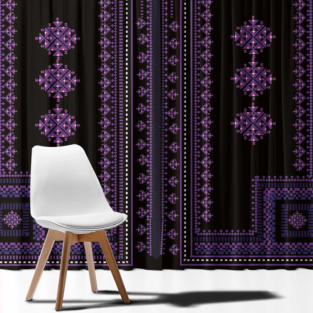 Close-up of purple geometric window curtain fabric with repeating diamond motifs