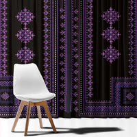 Close-up of purple geometric window curtain fabric with repeating diamond motifs