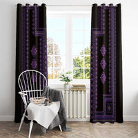 Purple traditional window curtain panels with bold geometric border and diamond details