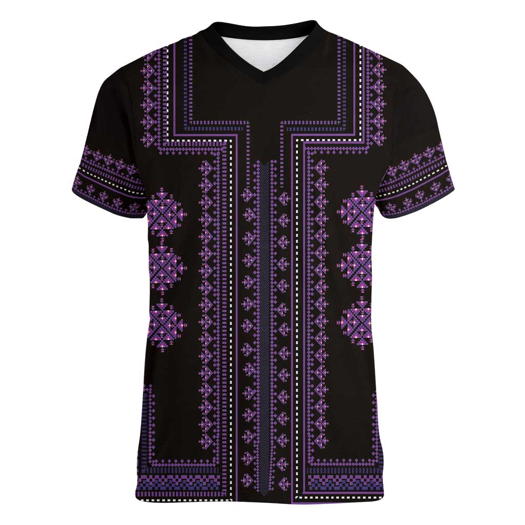 Bulgaria Traditional Pattern Purple Women V-Neck T-Shirt Balkan Culture - Wonder Print Shop