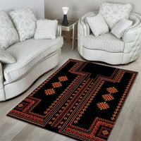 Rectangular traditional area rug, black with red-orange lattice and star pattern
