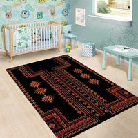 Traditional area rug with black ground and red-orange geometric center and corner motifs