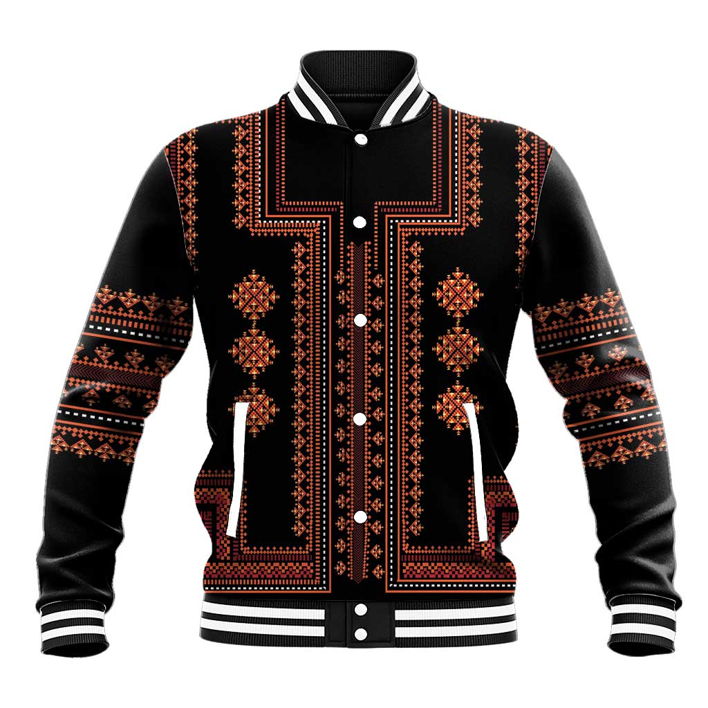 Black baseball jacket with red and orange traditional embroidered front, snap buttons
