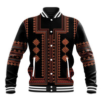 Black baseball jacket with red and orange traditional embroidered front, snap buttons
