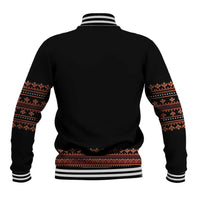 Black baseball jacket back view with red and orange patterned hem and striped rib cuffs