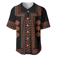 Black baseball jersey with red embroidered geometric bands and button placket