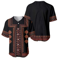 Black baseball jersey with red folk pattern, V-neck and button-front