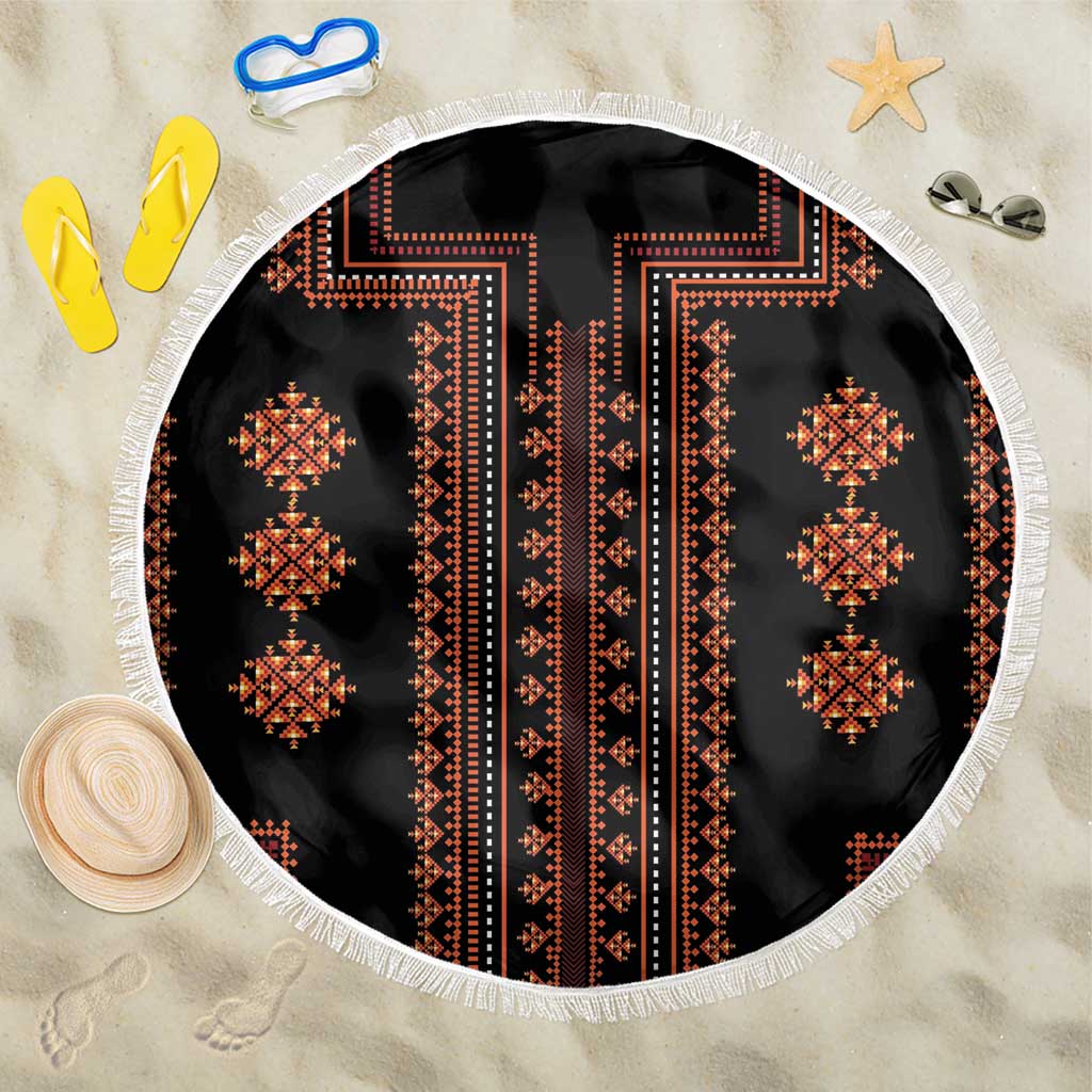 150cm round beach blanket with black background, red geometric center, and white fringe