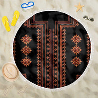 150cm round beach blanket with black background, red geometric center, and white fringe