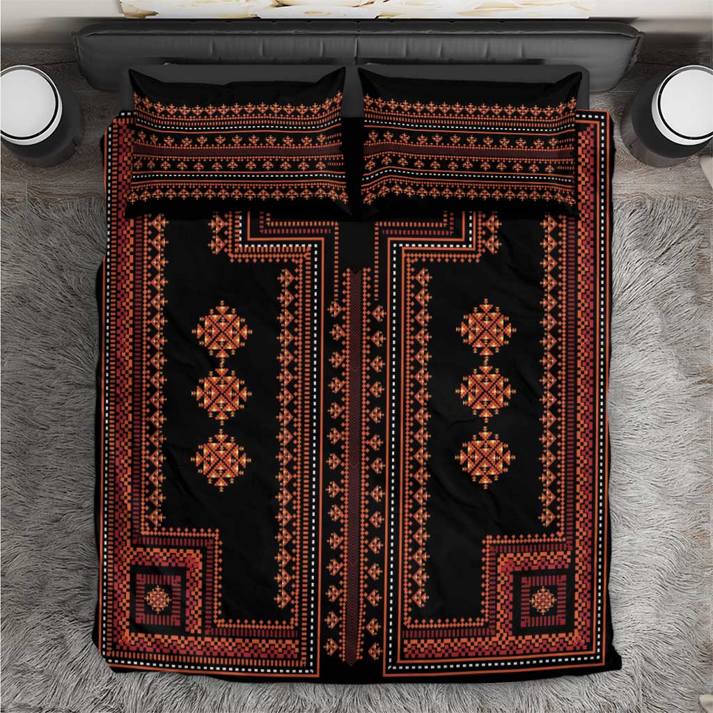 Black bedding set with red geometric Balkan pattern and matching pillow shams
