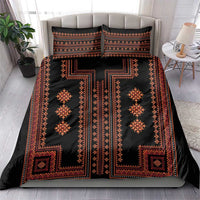 Black duvet cover with red geometric centerpiece pattern and two matching pillow shams