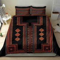 Black duvet cover with red geometric pattern and two matching pillow shams