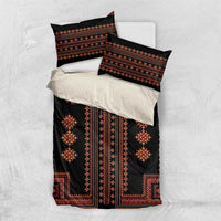 Black bedding set with red geometric pattern, one duvet and two matching pillow shams