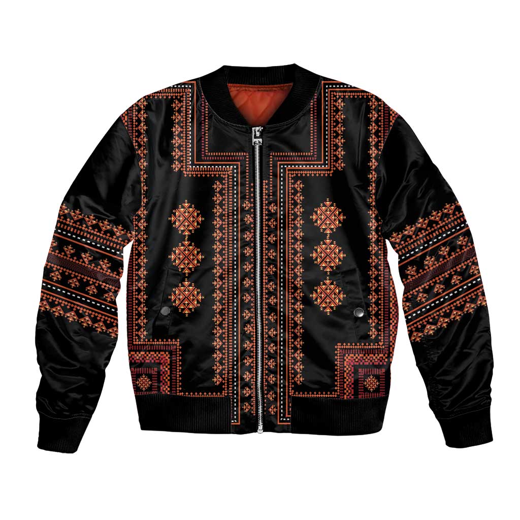 Unisex black bomber jacket with red-orange embroidered panels and front zipper