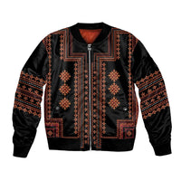Unisex black bomber jacket with red-orange embroidered panels and front zipper