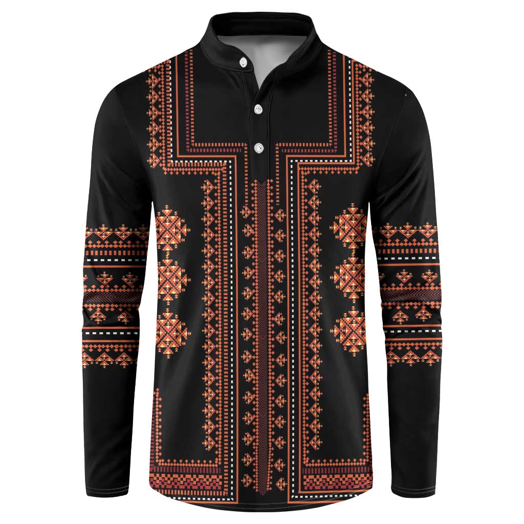 Black button-front sweatshirt with red-orange Balkan-style embroidered pattern