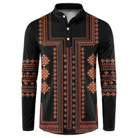 Black button-front sweatshirt with red-orange Balkan-style embroidered pattern