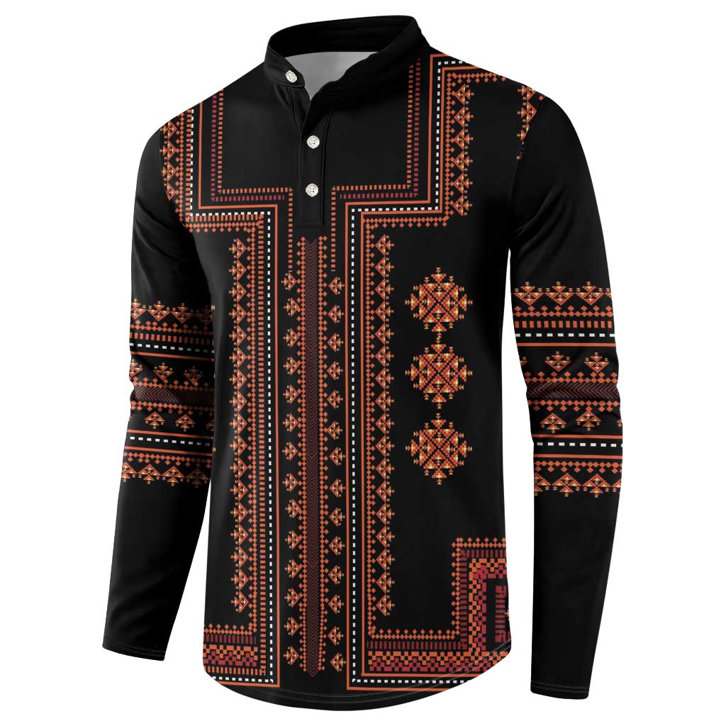 Black sweatshirt with button placket and red-orange vertical motif front pattern