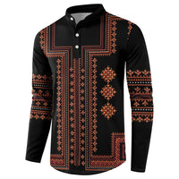 Black sweatshirt with button placket and red-orange vertical motif front pattern