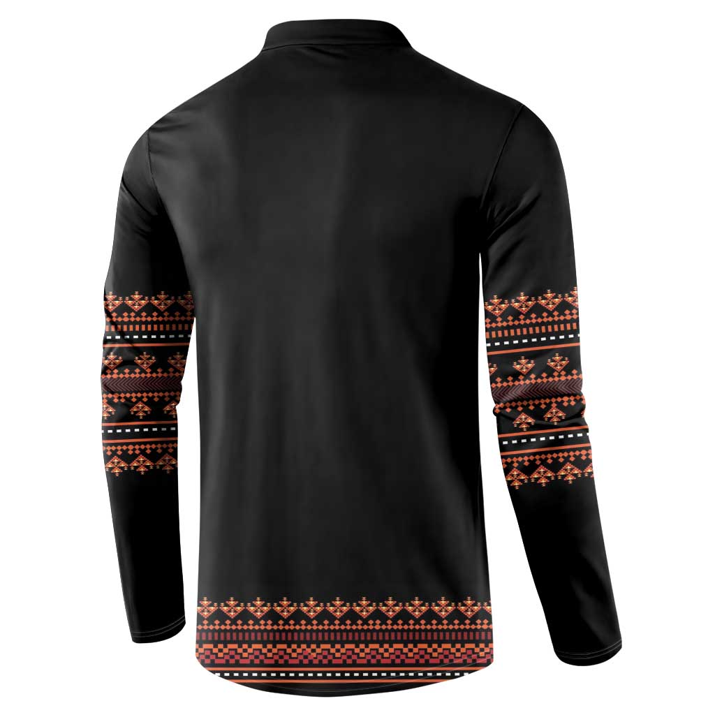 Black sweatshirt back with red-orange geometric band and striped cuffs