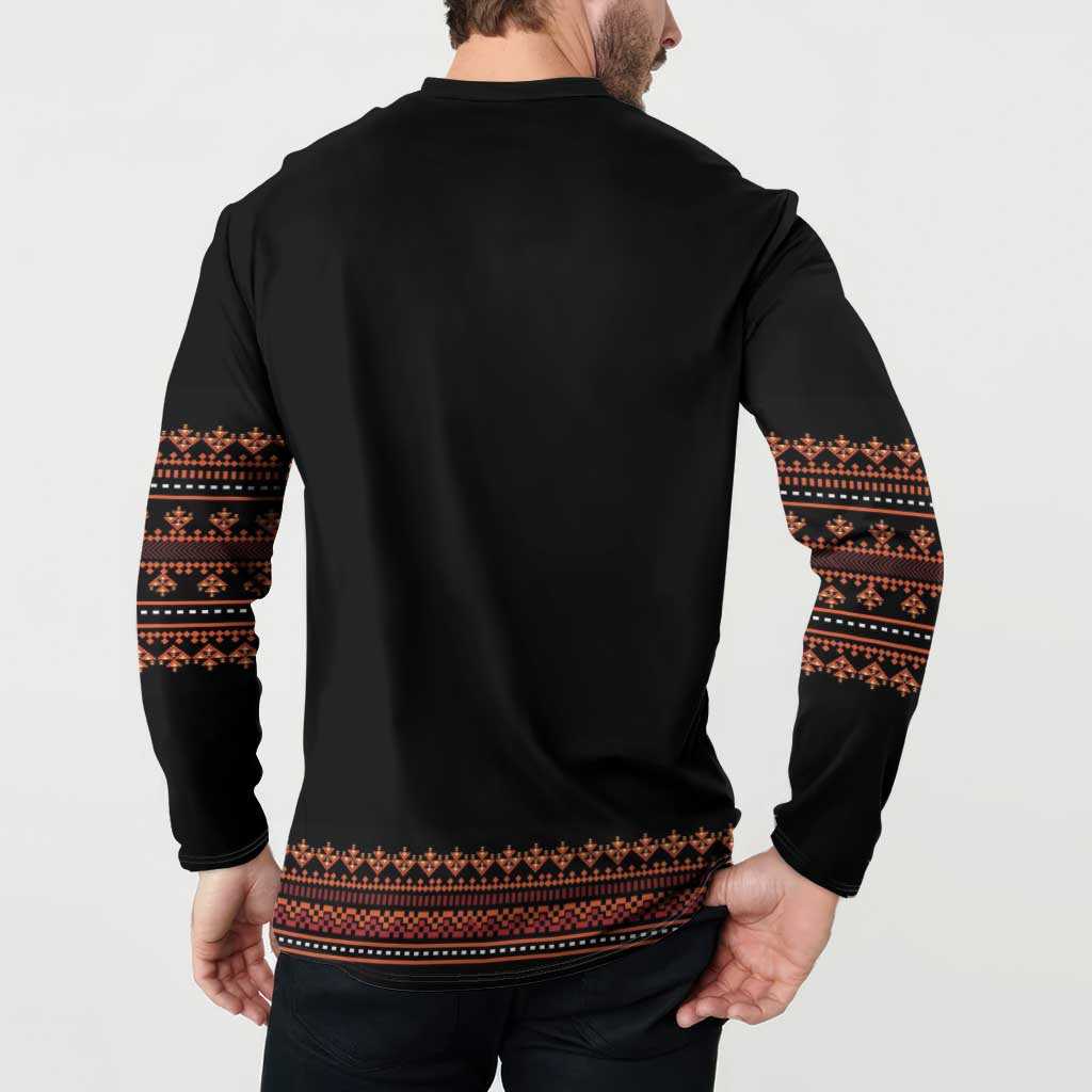 Black sweatshirt back with red-orange banded hem and patterned sleeves cuffs