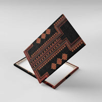 Angled canvas wall art on white backing, black with red-orange geometric stripe pattern