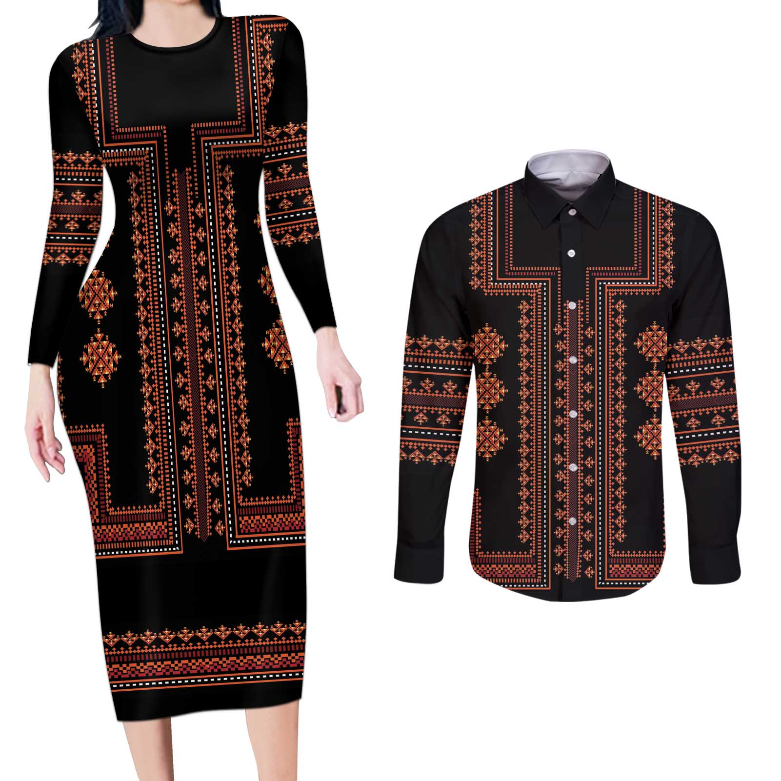 Bulgaria Traditional Pattern Red Couples Matching Long Sleeve Bodycon Dress and Long Sleeve Button Shirt Balkan Culture - Wonder Print Shop