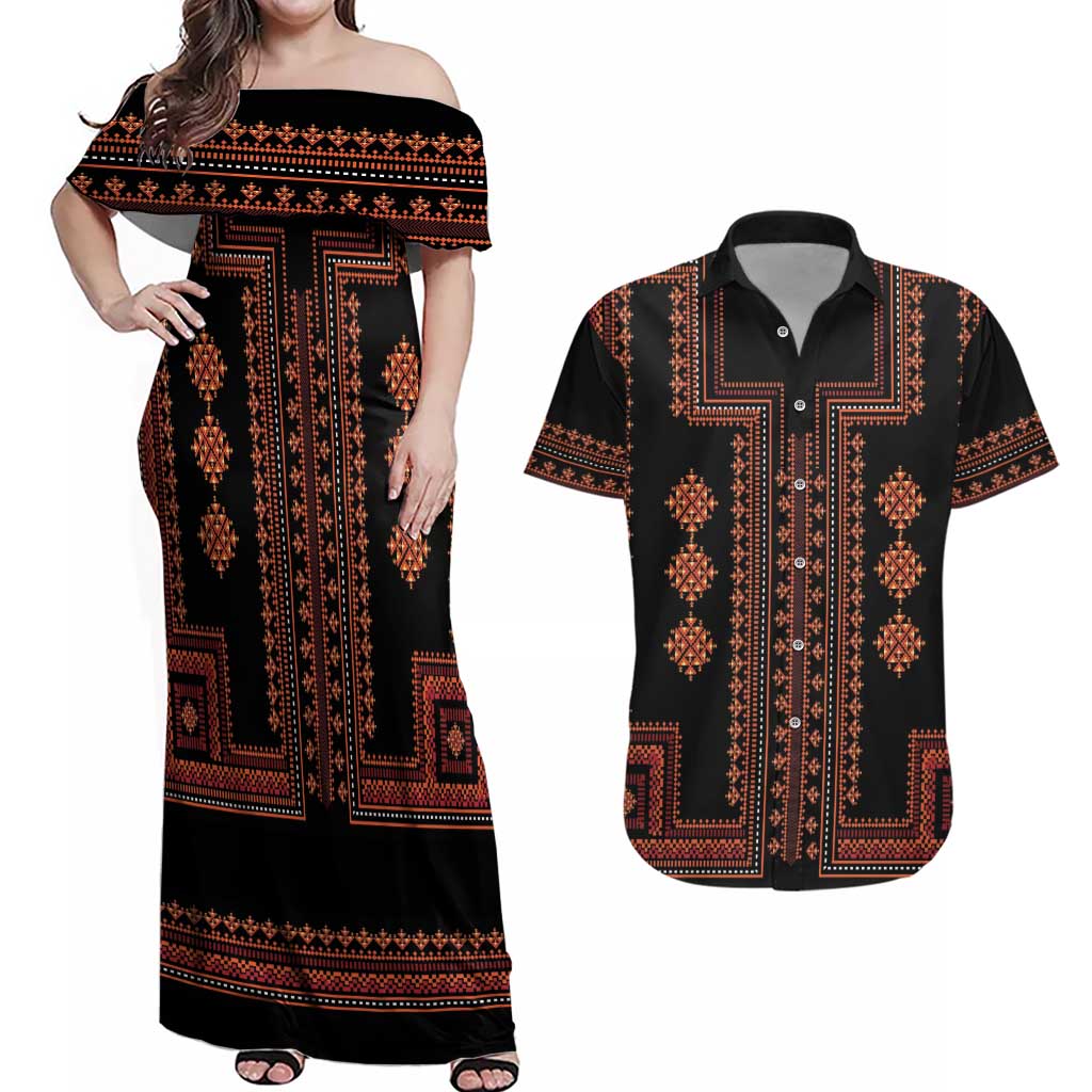 Bulgaria Traditional Pattern Red Couples Matching Off Shoulder Maxi Dress and Hawaiian Shirt Balkan Culture - Wonder Print Shop