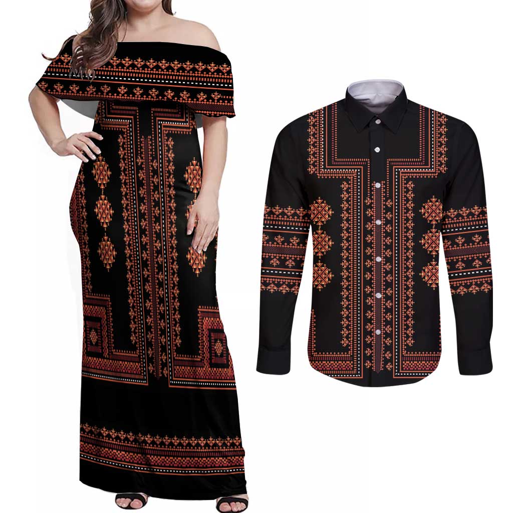 Bulgaria Traditional Pattern Red Couples Matching Off Shoulder Maxi Dress and Long Sleeve Button Shirt Balkan Culture - Wonder Print Shop