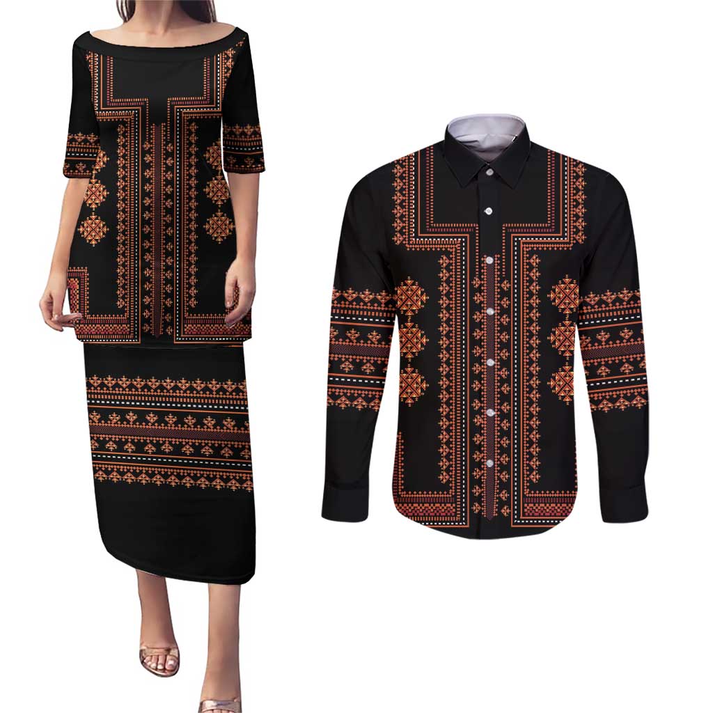 Bulgaria Traditional Pattern Red Couples Matching Puletasi and Long Sleeve Button Shirt Balkan Culture - Wonder Print Shop