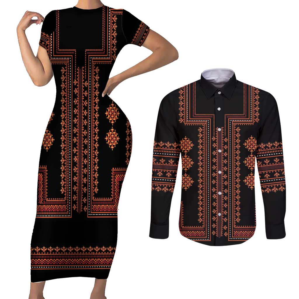 Bulgaria Traditional Pattern Red Couples Matching Short Sleeve Bodycon Dress and Long Sleeve Button Shirt Balkan Culture - Wonder Print Shop