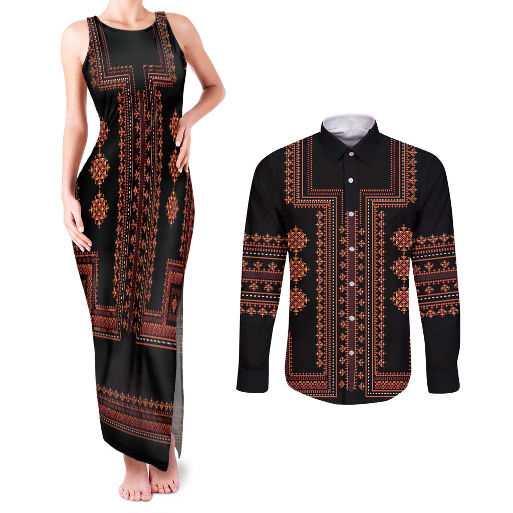 Bulgaria Traditional Pattern Red Couples Matching Tank Maxi Dress and Long Sleeve Button Shirt Balkan Culture - Wonder Print Shop