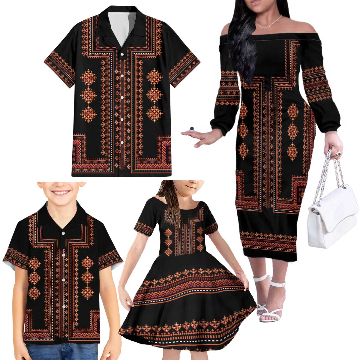 Bulgaria Traditional Pattern Red Family Matching Off The Shoulder Long Sleeve Dress and Hawaiian Shirt Balkan Culture - Wonder Print Shop