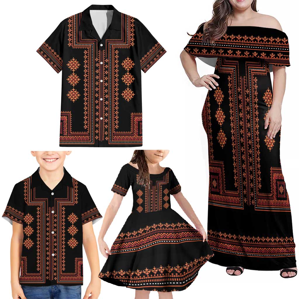 Bulgaria Traditional Pattern Red Family Matching Off Shoulder Maxi Dress and Hawaiian Shirt Balkan Culture - Wonder Print Shop