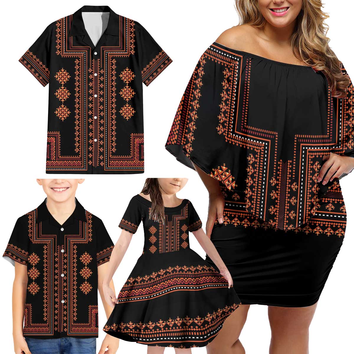 Bulgaria Traditional Pattern Red Family Matching Off Shoulder Short Dress and Hawaiian Shirt Balkan Culture - Wonder Print Shop